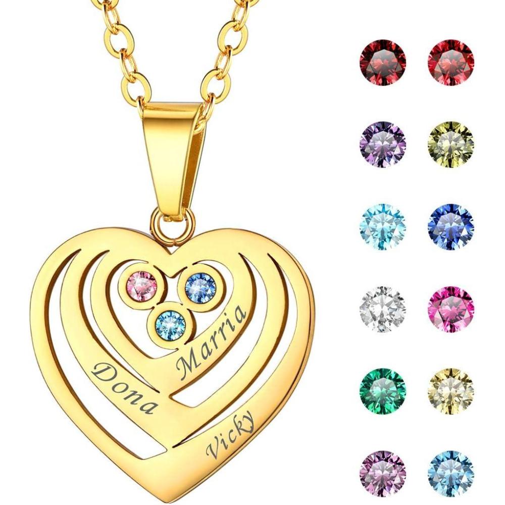 imageU7 Custom Name Necklace Heart Pendant with 15 Names and Birthstone 925 Sterling Silver 18K Gold Plated Personalized Name Plate Birth Stone Necklaces BFF Family NecklaceAGold Plated Sterling Silver3 NamesStones
