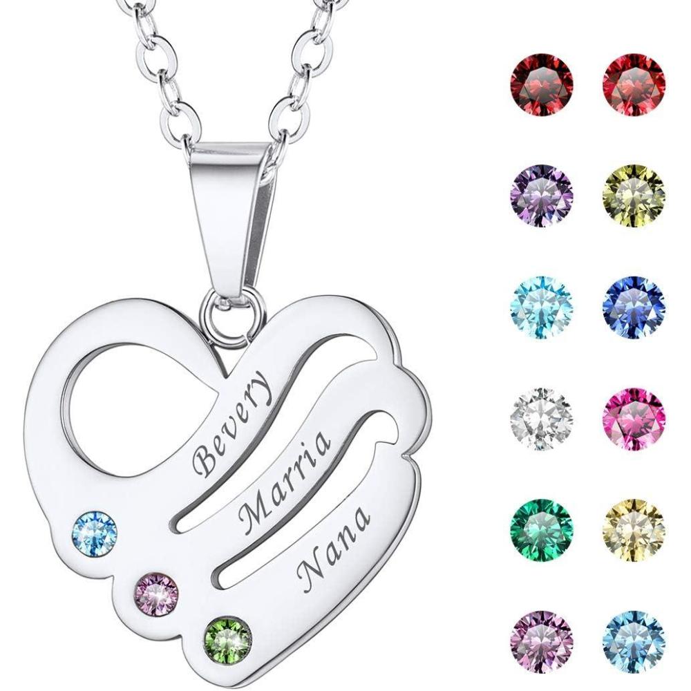 imageU7 Custom Name Necklace Heart Pendant with 15 Names and Birthstone 925 Sterling Silver 18K Gold Plated Personalized Name Plate Birth Stone Necklaces BFF Family NecklaceBStainless3 NamesStones