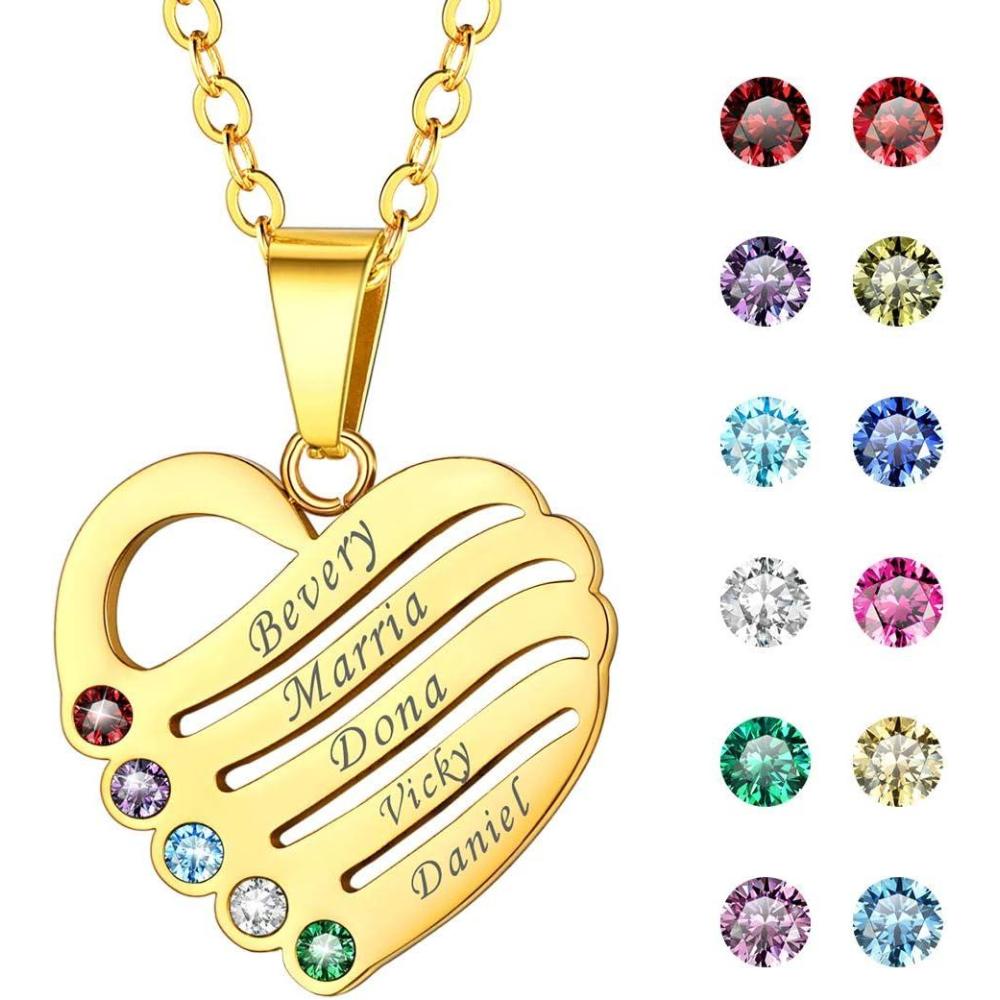imageU7 Custom Name Necklace Heart Pendant with 15 Names and Birthstone 925 Sterling Silver 18K Gold Plated Personalized Name Plate Birth Stone Necklaces BFF Family NecklaceBGold5 NamesStones