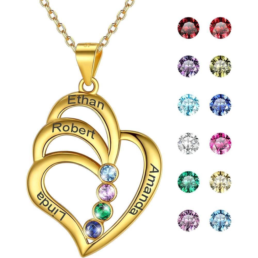imageU7 Custom Name Necklace Heart Pendant with 15 Names and Birthstone 925 Sterling Silver 18K Gold Plated Personalized Name Plate Birth Stone Necklaces BFF Family NecklaceCGold Plated Sterling Silver4 NamesStones