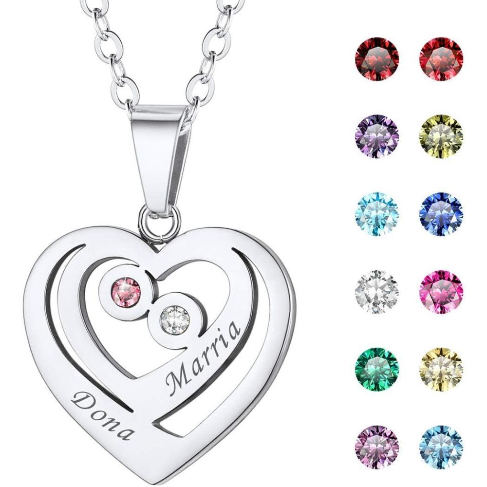 imageU7 Custom Name Necklace Heart Pendant with 15 Names and Birthstone 925 Sterling Silver 18K Gold Plated Personalized Name Plate Birth Stone Necklaces BFF Family NecklaceASterling Silver2 NamesStones