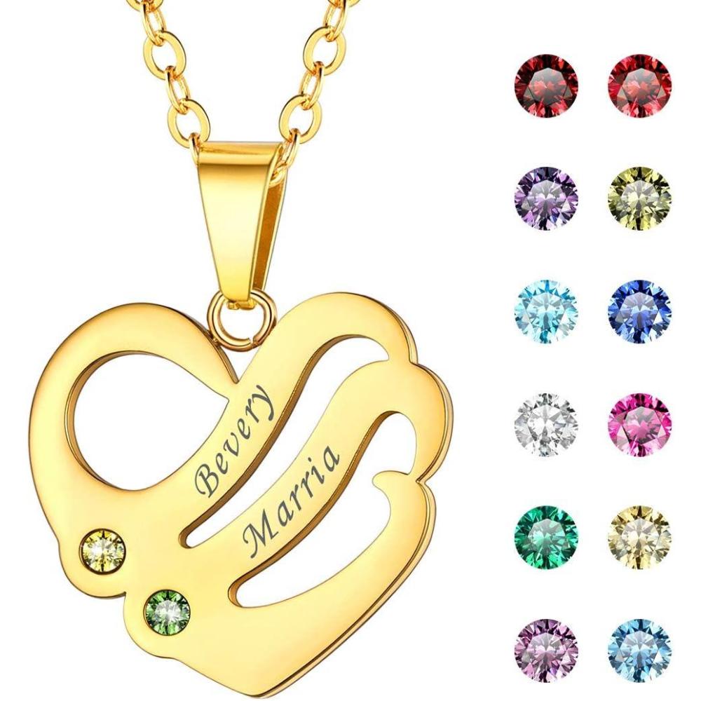 imageU7 Custom Name Necklace Heart Pendant with 15 Names and Birthstone 925 Sterling Silver 18K Gold Plated Personalized Name Plate Birth Stone Necklaces BFF Family NecklaceBGold Plated Sterling Silver2 NamesStones