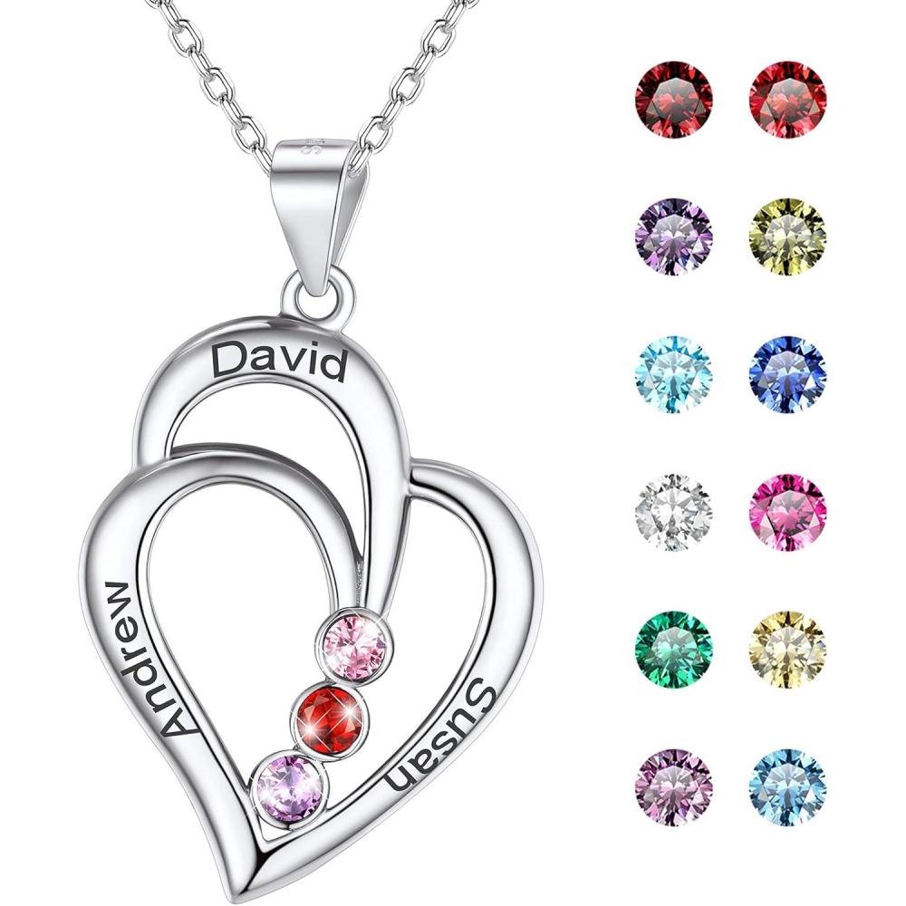 imageU7 Custom Name Necklace Heart Pendant with 15 Names and Birthstone 925 Sterling Silver 18K Gold Plated Personalized Name Plate Birth Stone Necklaces BFF Family NecklaceCSterling Silver3 NamesStones