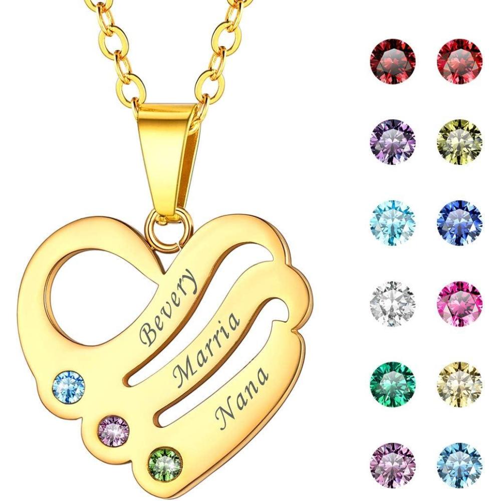 imageU7 Custom Name Necklace Heart Pendant with 15 Names and Birthstone 925 Sterling Silver 18K Gold Plated Personalized Name Plate Birth Stone Necklaces BFF Family NecklaceBGold Plated Sterling Silver3 NamesStones