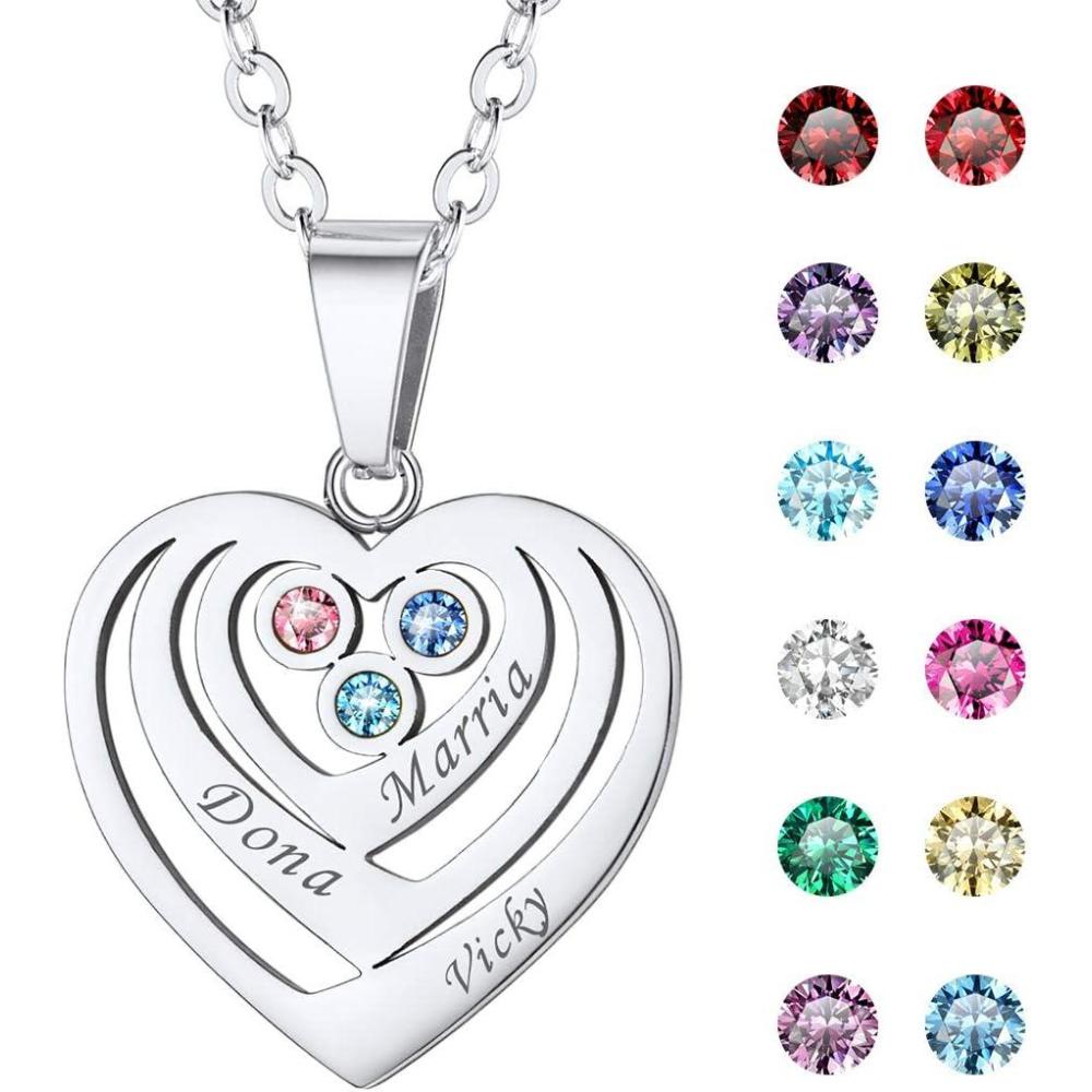 imageU7 Custom Name Necklace Heart Pendant with 15 Names and Birthstone 925 Sterling Silver 18K Gold Plated Personalized Name Plate Birth Stone Necklaces BFF Family NecklaceAStainless3 NamesStones