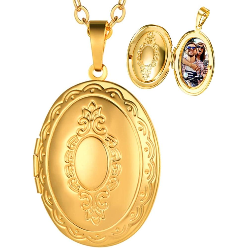imageU7 Custom Photo Locket Necklace Oval ampamp Heart Shaped Locket GoldSilverRose Gold Personalized Image Necklaces for Women01Oval Gold