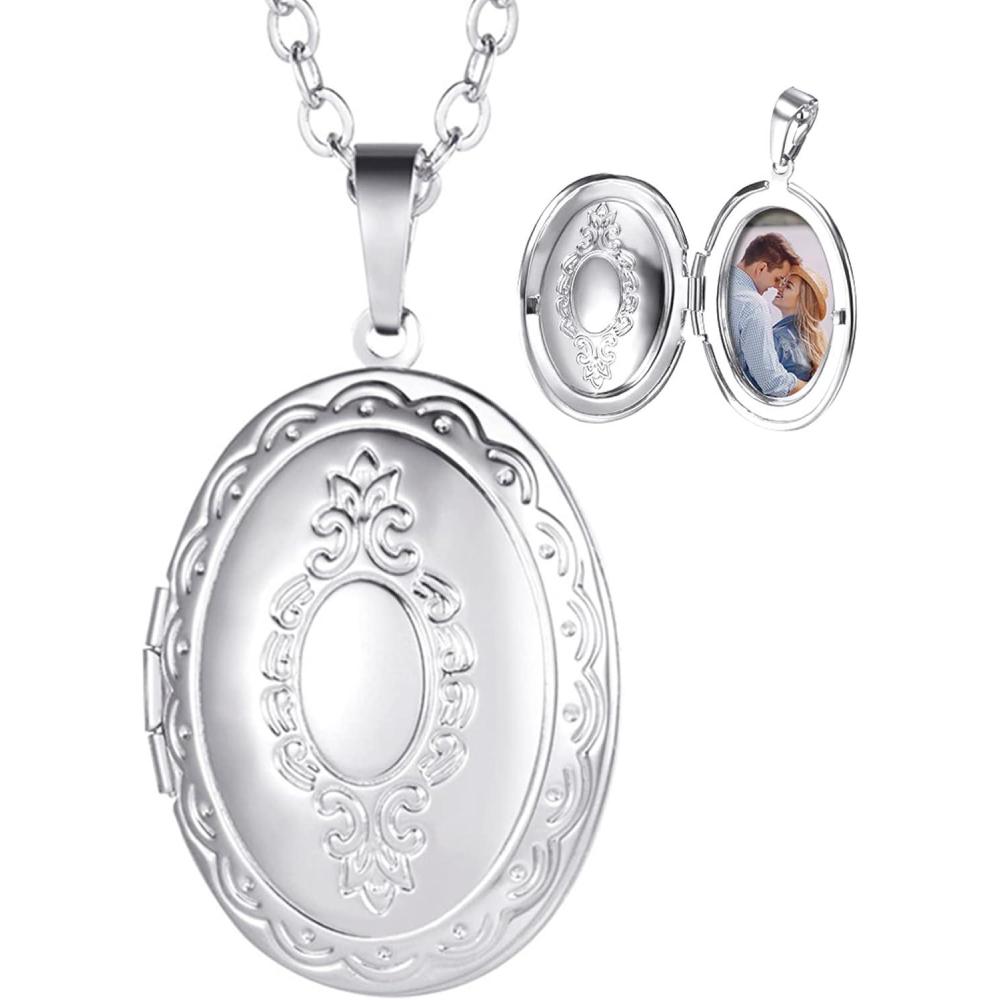 imageU7 Custom Photo Locket Necklace Oval ampamp Heart Shaped Locket GoldSilverRose Gold Personalized Image Necklaces for Women01Oval Platinum