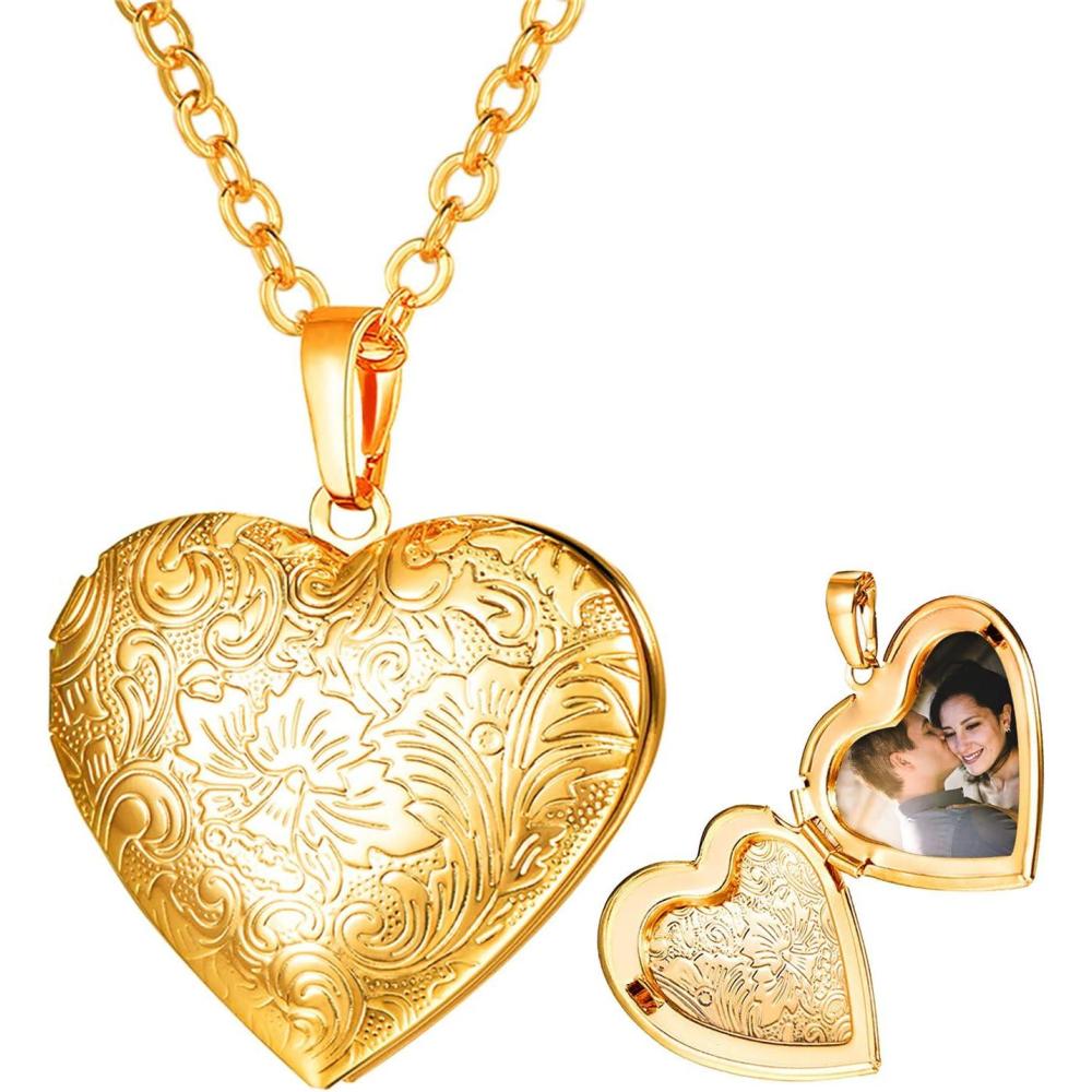imageU7 Custom Photo Locket Necklace Oval ampamp Heart Shaped Locket GoldSilverRose Gold Personalized Image Necklaces for Women02Gold Flower Heart