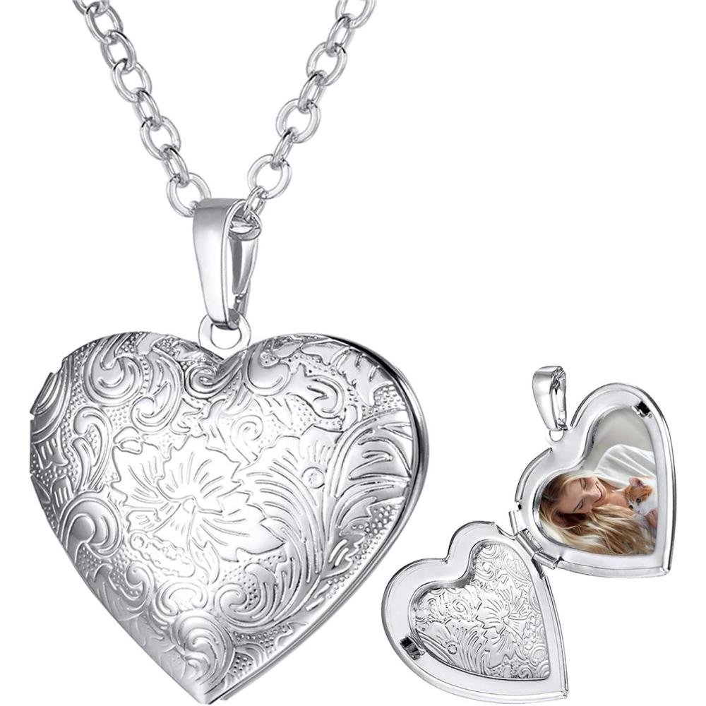 imageU7 Custom Photo Locket Necklace Oval ampamp Heart Shaped Locket GoldSilverRose Gold Personalized Image Necklaces for Women02Platinum Flower Heart