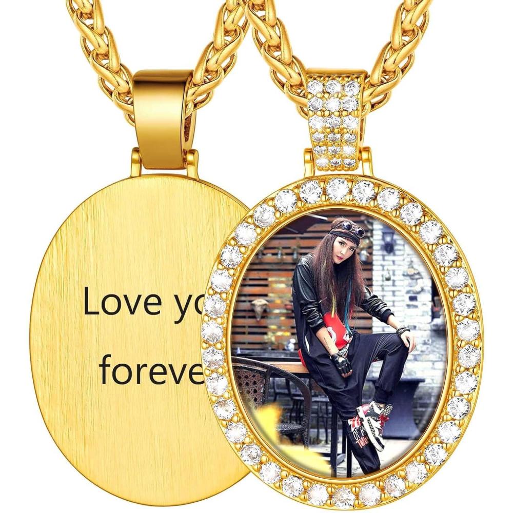 imageU7 Custom Photo Necklace Men Women Personalized Jewelry Customized Any Picture Pendant Stainless Steel Chain 1830 Inch Tennis Necklaces Mothers or Lover Gift03CZ Oval gold