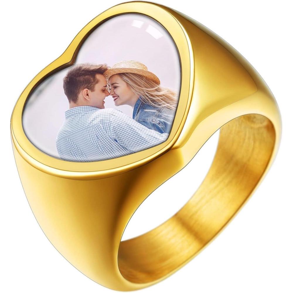 imageU7 Custom Picture ampamp Text Engraved Ring Stainless Steel 18K Gold Plated Wedding Engagement HeartRoundShieldSquare Signet Rings Personalized Memory Photo Inside Gift for Men WomenCHeartGold