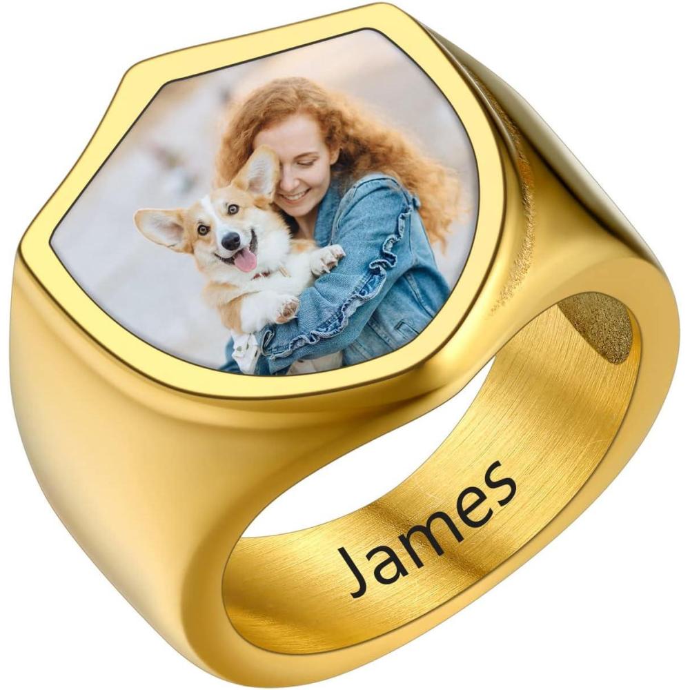 imageU7 Custom Picture ampamp Text Engraved Ring Stainless Steel 18K Gold Plated Wedding Engagement HeartRoundShieldSquare Signet Rings Personalized Memory Photo Inside Gift for Men WomenDShieldGold