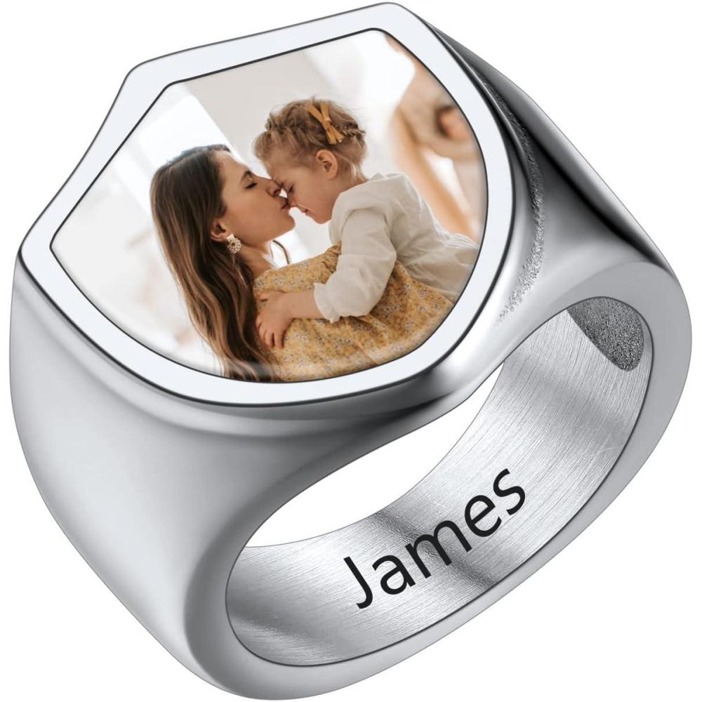 imageU7 Custom Picture ampamp Text Engraved Ring Stainless Steel 18K Gold Plated Wedding Engagement HeartRoundShieldSquare Signet Rings Personalized Memory Photo Inside Gift for Men WomenDShieldStainless Steel