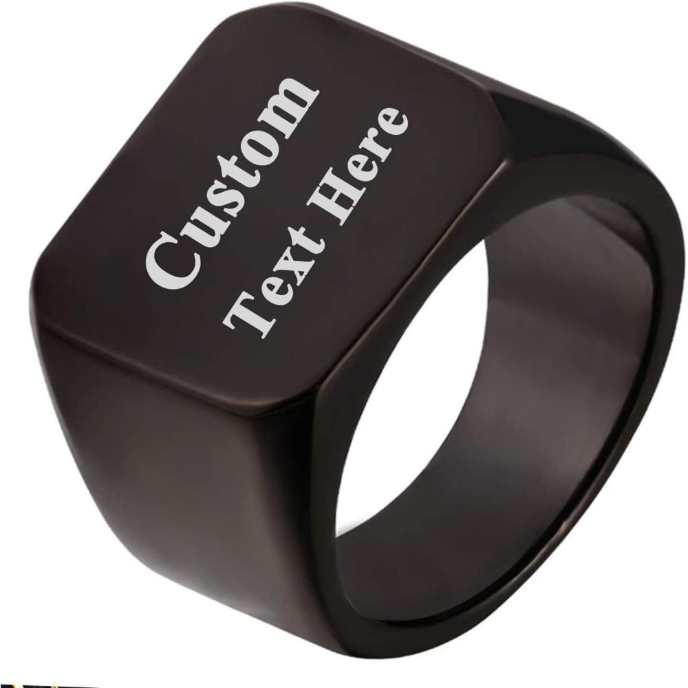 imageU7 Custom Picture ampamp Text Engraved Ring Stainless Steel 18K Gold Plated Wedding Engagement HeartRoundShieldSquare Signet Rings Personalized Memory Photo Inside Gift for Men WomenA2SquareBlackText Engrave