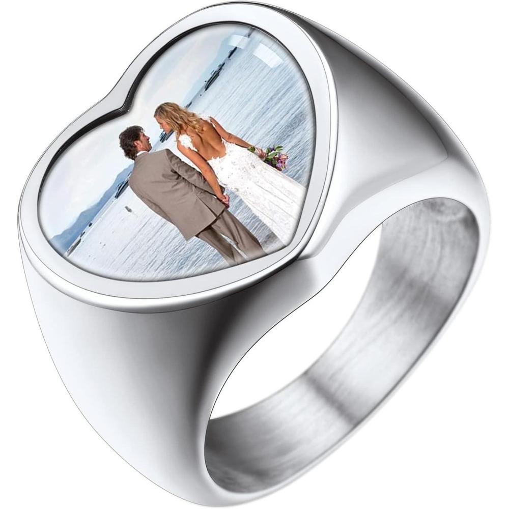 imageU7 Custom Picture ampamp Text Engraved Ring Stainless Steel 18K Gold Plated Wedding Engagement HeartRoundShieldSquare Signet Rings Personalized Memory Photo Inside Gift for Men WomenCHeartStainless Steel