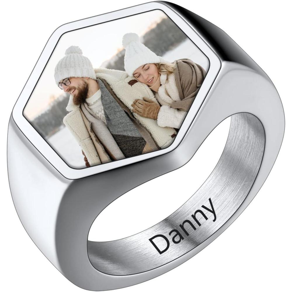 imageU7 Custom Picture ampamp Text Engraved Ring Stainless Steel 18K Gold Plated Wedding Engagement HeartRoundShieldSquare Signet Rings Personalized Memory Photo Inside Gift for Men WomenEHexagonStainless Steel