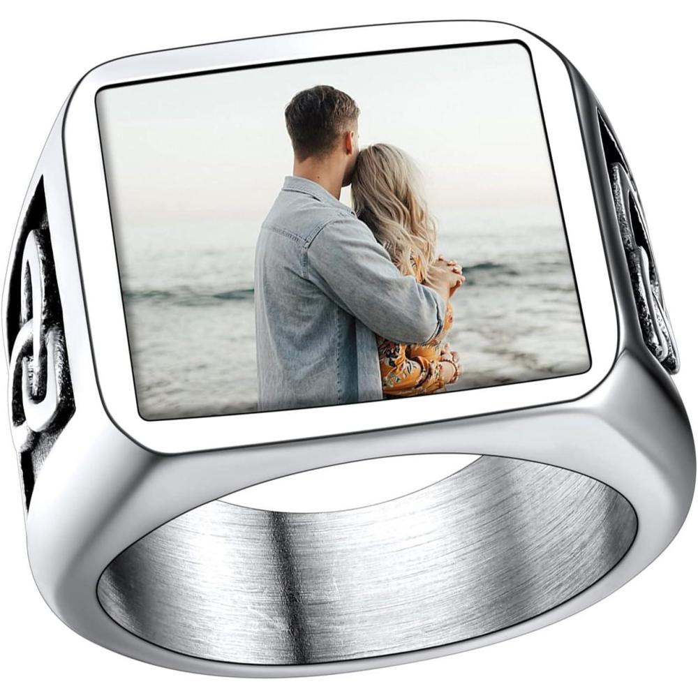imageU7 Custom Picture ampamp Text Engraved Ring Stainless Steel 18K Gold Plated Wedding Engagement HeartRoundShieldSquare Signet Rings Personalized Memory Photo Inside Gift for Men WomenA4Square Celtic KnotStainless Steel
