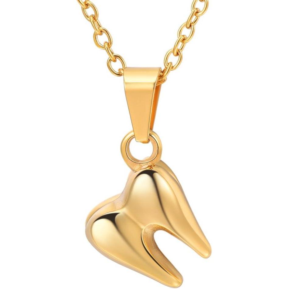 imageU7 DentistNursing Jewelry Stainless Steel 18K Gold Plated Mini Cute Teeth Pendant Rolo Chain Dental Tooth Necklaces01Tooth Gold