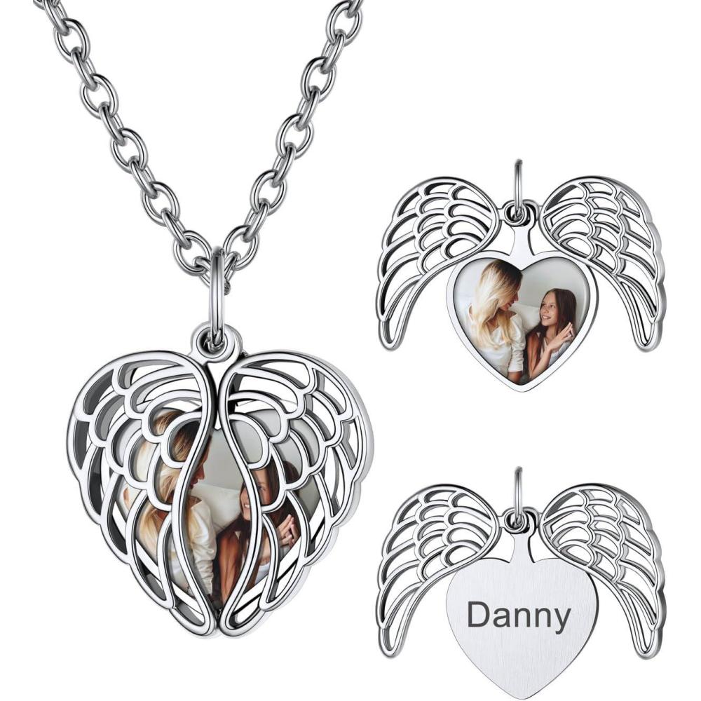 imageU7 Envelope Necklace Angel Wings Necklaces Stainless Steel Customized Photo ampamp Text Locket Pendant for Men Women Personalized Picture Jewelry Multiple Styles ButterflyHeartLove Letter05 Filigree Wings Silver
