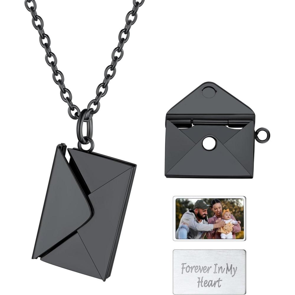 imageU7 Envelope Necklace Angel Wings Necklaces Stainless Steel Customized Photo ampamp Text Locket Pendant for Men Women Personalized Picture Jewelry Multiple Styles ButterflyHeartLove Letter01 Envelope Black