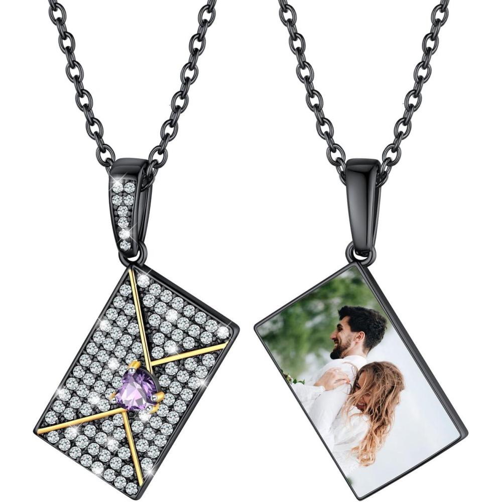 imageU7 Envelope Necklace Angel Wings Necklaces Stainless Steel Customized Photo ampamp Text Locket Pendant for Men Women Personalized Picture Jewelry Multiple Styles ButterflyHeartLove Letter08 Heart CZ EnvelopeBlack