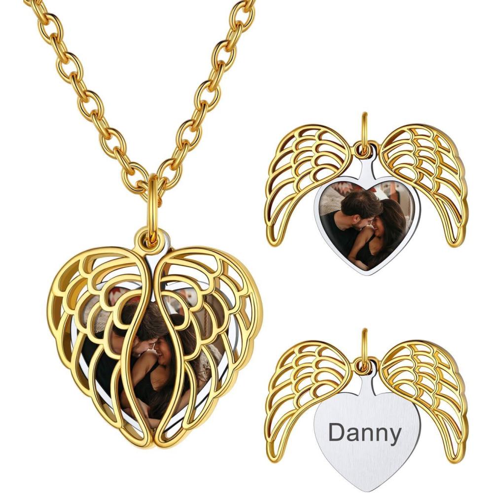 imageU7 Envelope Necklace Angel Wings Necklaces Stainless Steel Customized Photo ampamp Text Locket Pendant for Men Women Personalized Picture Jewelry Multiple Styles ButterflyHeartLove Letter05 Filigree Wings Gold