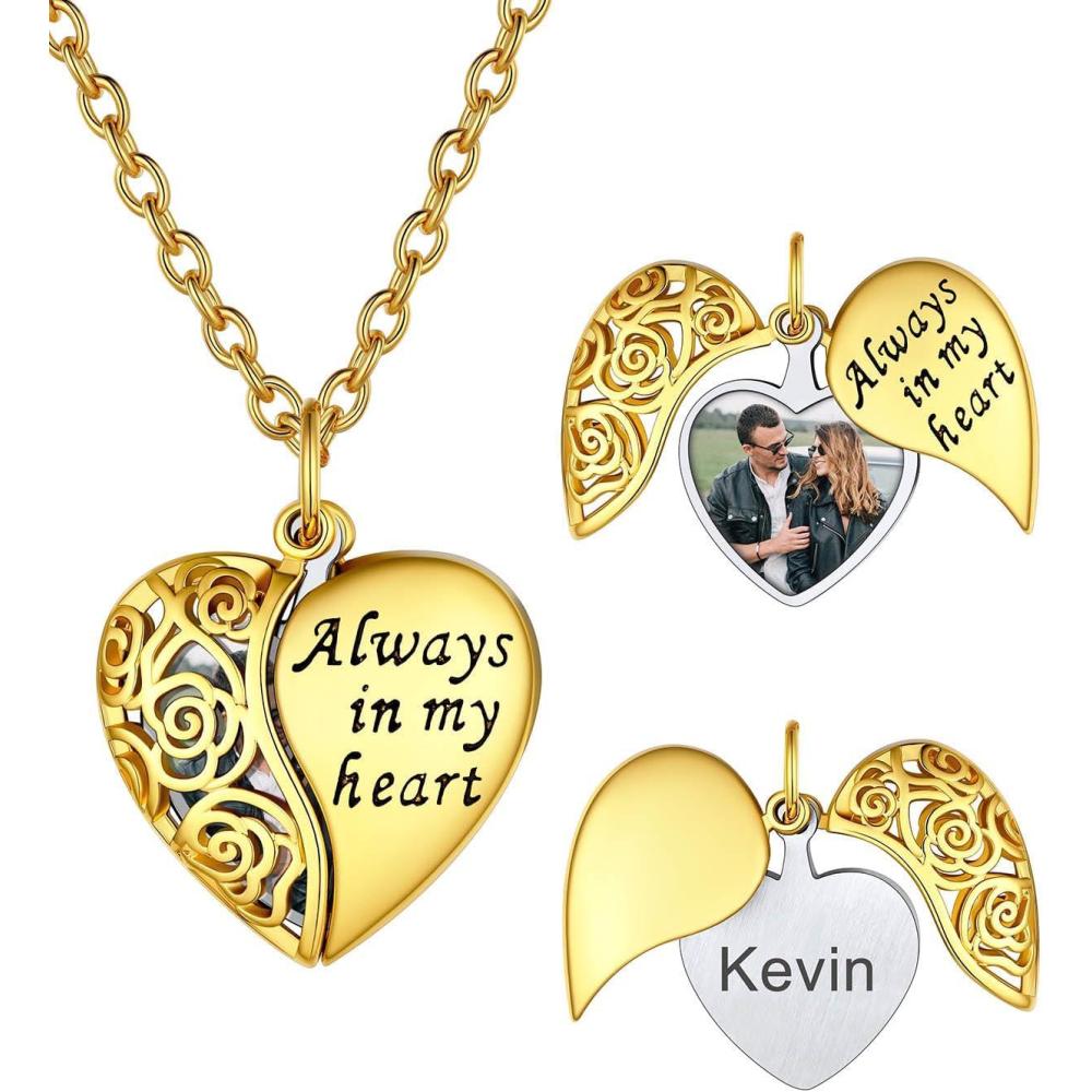 imageU7 Envelope Necklace Angel Wings Necklaces Stainless Steel Customized Photo ampamp Text Locket Pendant for Men Women Personalized Picture Jewelry Multiple Styles ButterflyHeartLove Letter04 Rose Heart Gold