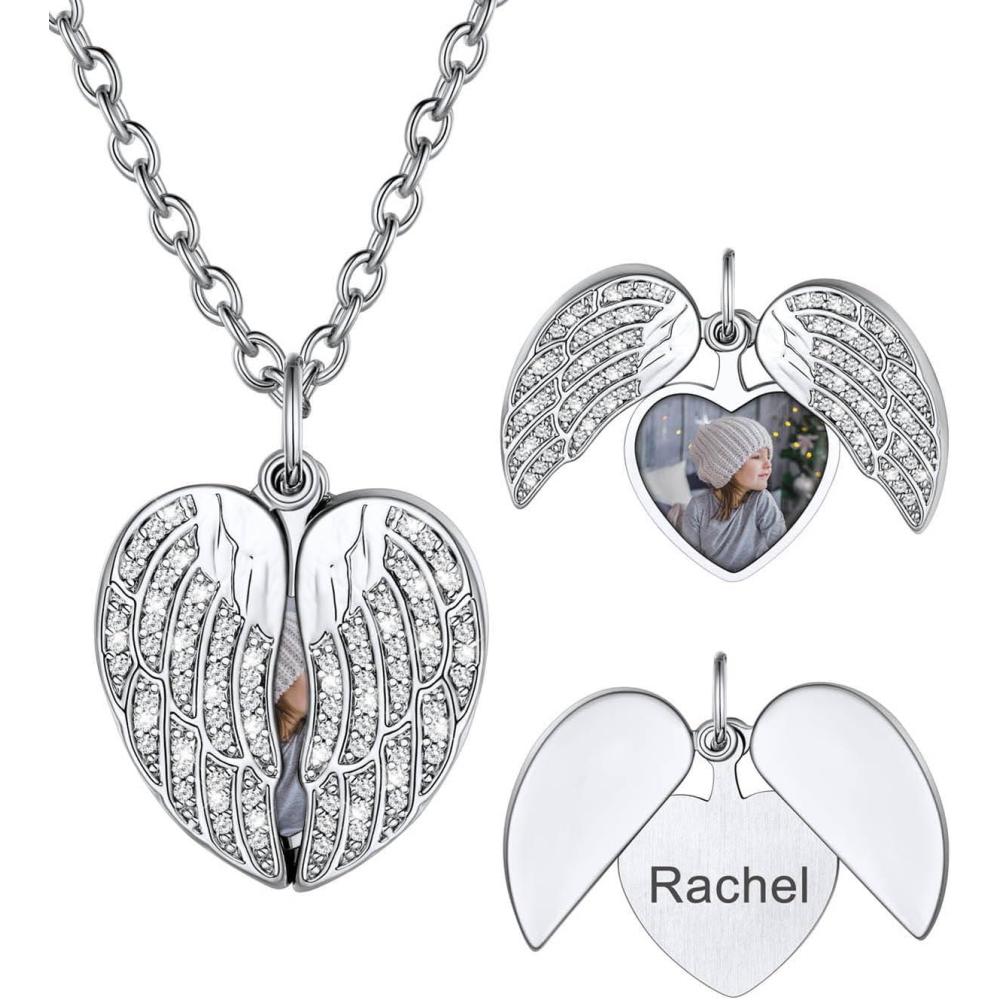 imageU7 Envelope Necklace Angel Wings Necklaces Stainless Steel Customized Photo ampamp Text Locket Pendant for Men Women Personalized Picture Jewelry Multiple Styles ButterflyHeartLove Letter03 CZ Wings Silver