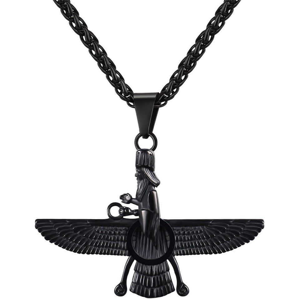 imageU7 Farvahar Pendant Chain StainlessBlack Gun18K Gold Plated Symbol Iran Persian Gift Necklace CustomizableFarvahar black