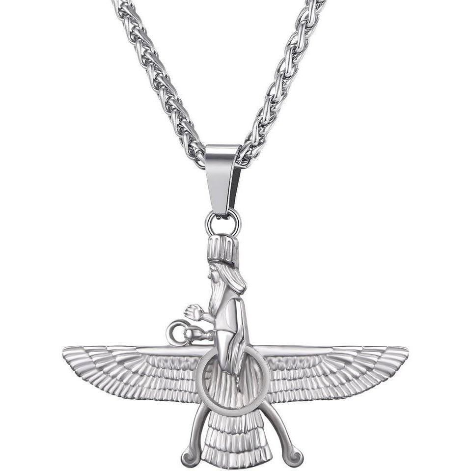 imageU7 Farvahar Pendant Chain StainlessBlack Gun18K Gold Plated Symbol Iran Persian Gift Necklace CustomizableFarvahar silver