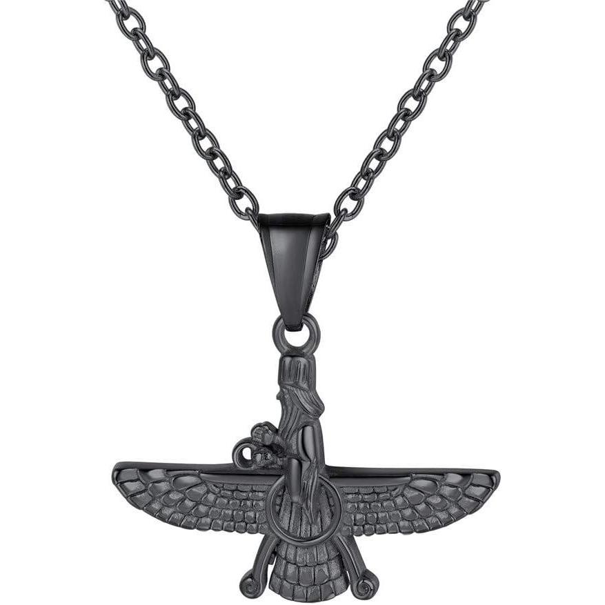 imageU7 Farvahar Pendant Chain StainlessBlack Gun18K Gold Plated Symbol Iran Persian Gift Necklace CustomizableSmall Farvahar Black