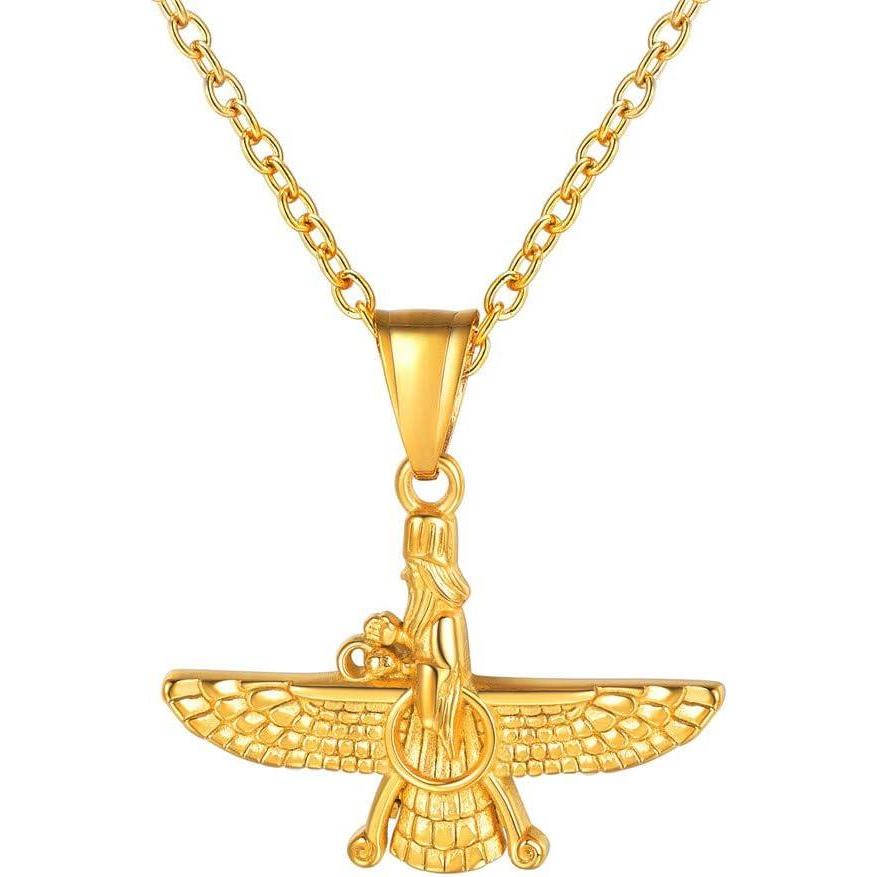 imageU7 Farvahar Pendant Chain StainlessBlack Gun18K Gold Plated Symbol Iran Persian Gift Necklace CustomizableSmall Farvahar Gold Tone