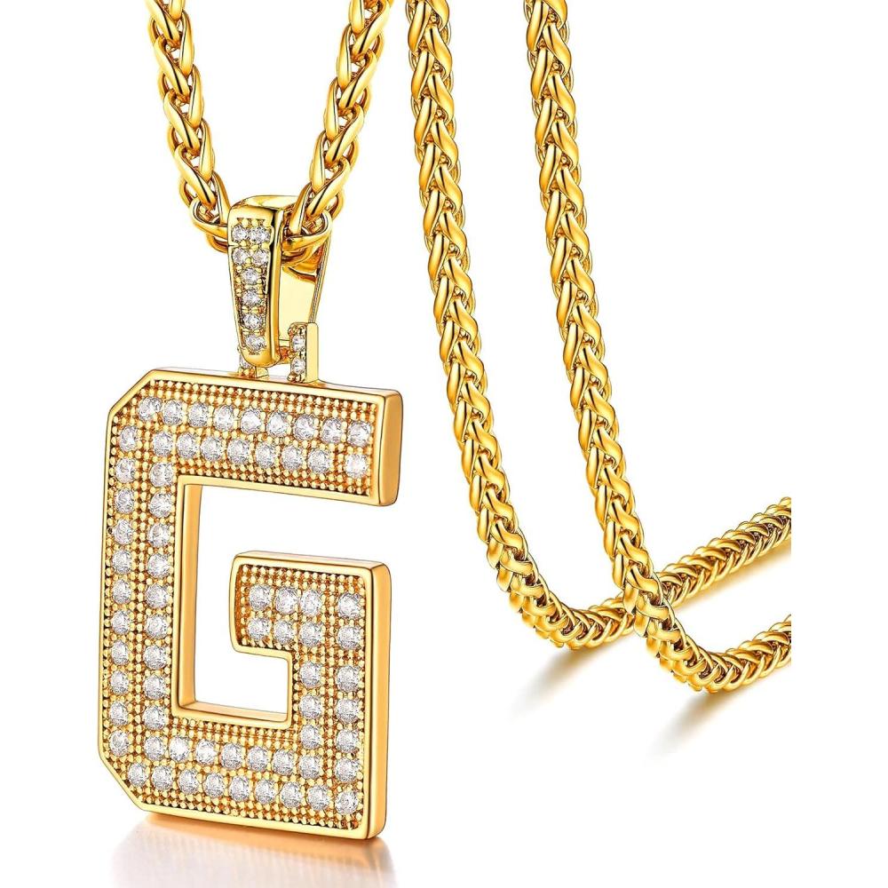 imageU7 Gold Initial Number Necklace for Men Women 18K GoldSilver Plated Diamond CZ Letter Pendant Necklace Big AZ 09 Hip Hop Jersey Customerized Letter Wheat Chain 22 Inch for Athletes RappersGGold