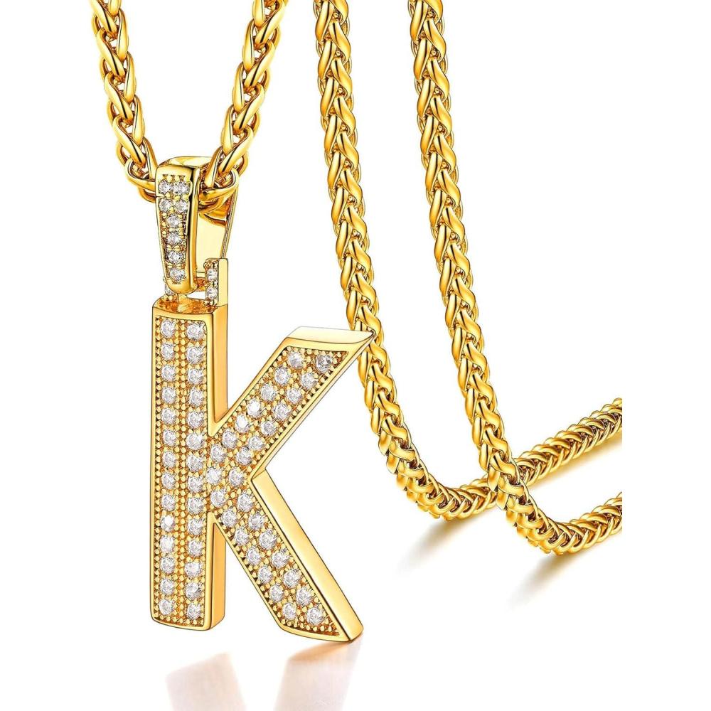 imageU7 Gold Initial Number Necklace for Men Women 18K GoldSilver Plated Diamond CZ Letter Pendant Necklace Big AZ 09 Hip Hop Jersey Customerized Letter Wheat Chain 22 Inch for Athletes RappersKGold