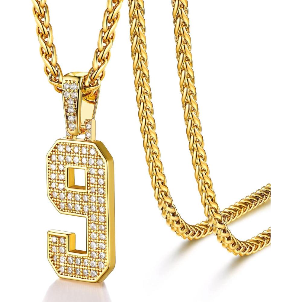 imageU7 Gold Initial Number Necklace for Men Women 18K GoldSilver Plated Diamond CZ Letter Pendant Necklace Big AZ 09 Hip Hop Jersey Customerized Letter Wheat Chain 22 Inch for Athletes Rappers9Gold