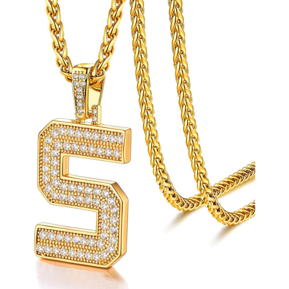 imageU7 Gold Initial Number Necklace for Men Women 18K GoldSilver Plated Diamond CZ Letter Pendant Necklace Big AZ 09 Hip Hop Jersey Customerized Letter Wheat Chain 22 Inch for Athletes RappersSGold
