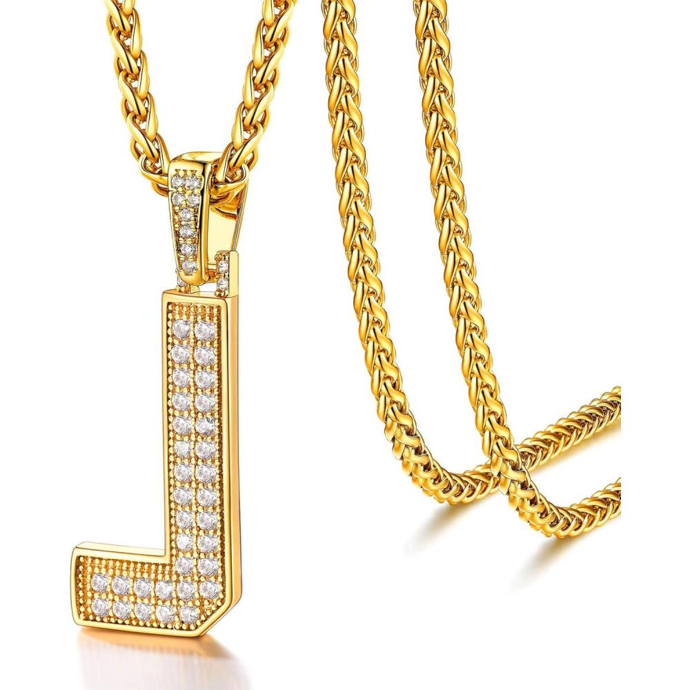 imageU7 Gold Initial Number Necklace for Men Women 18K GoldSilver Plated Diamond CZ Letter Pendant Necklace Big AZ 09 Hip Hop Jersey Customerized Letter Wheat Chain 22 Inch for Athletes RappersJGold