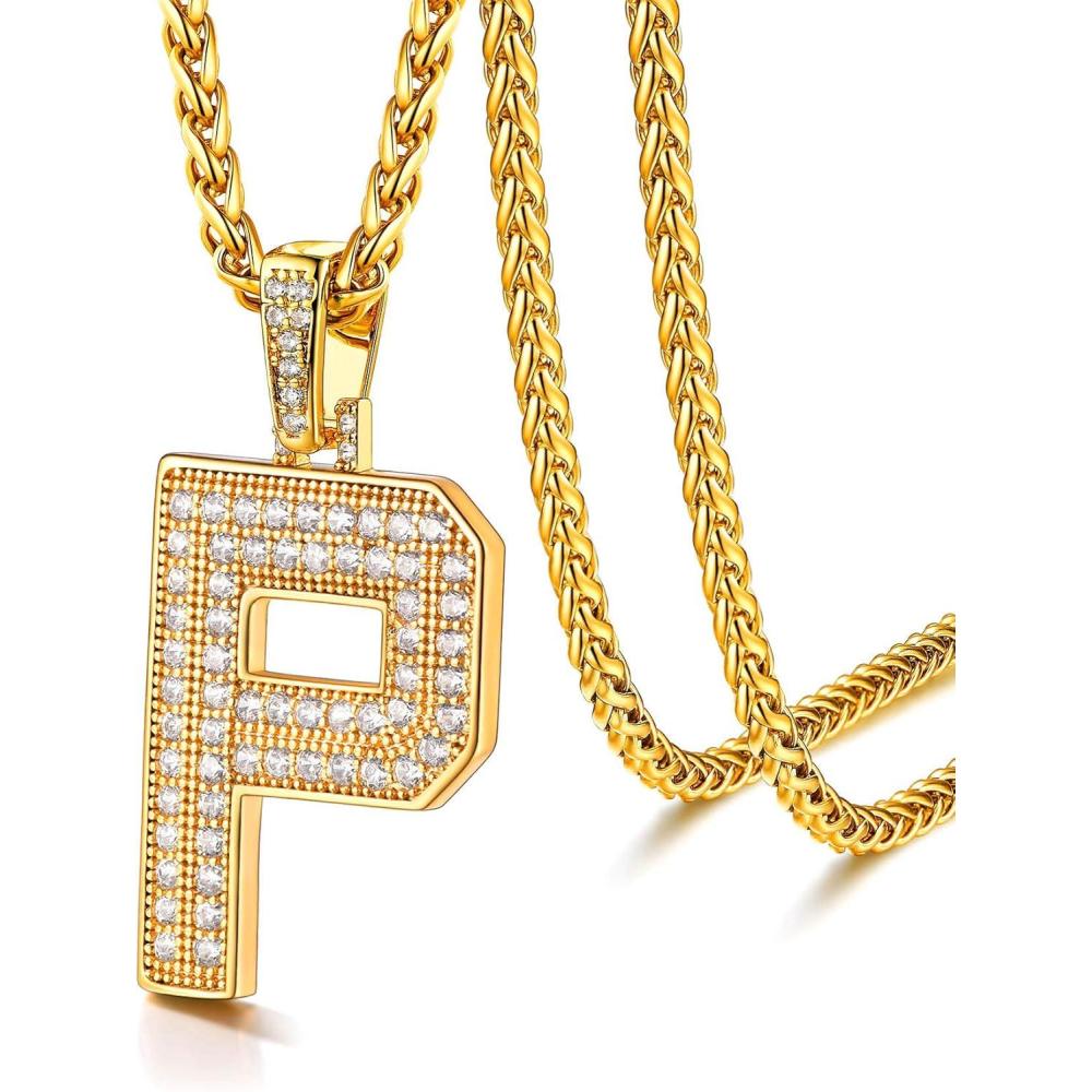 imageU7 Gold Initial Number Necklace for Men Women 18K GoldSilver Plated Diamond CZ Letter Pendant Necklace Big AZ 09 Hip Hop Jersey Customerized Letter Wheat Chain 22 Inch for Athletes RappersPGold