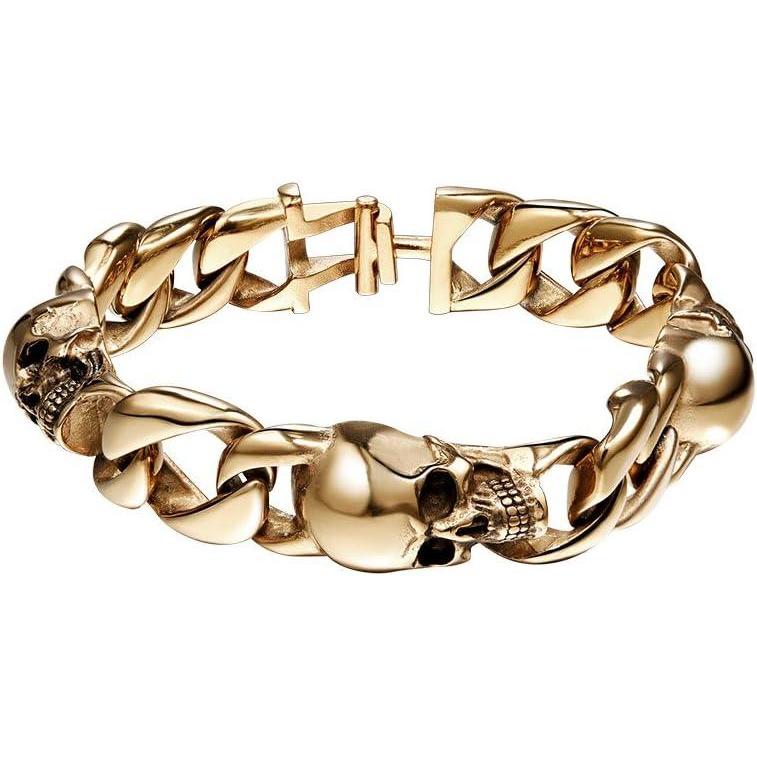 imageU7 Gothic Skull Bracelets for Men Women Stainless Steel18K Gold PlatedSilver Black Punk Skeleton Head Chain Bracelet Party Accessories for Rapper Biker02 SkullGoldMedium