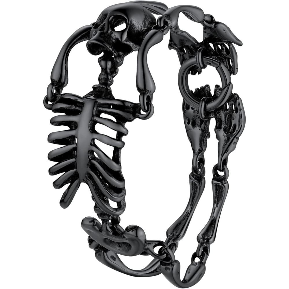 imageU7 Gothic Skull Bracelets for Men Women Stainless Steel18K Gold PlatedSilver Black Punk Skeleton Head Chain Bracelet Party Accessories for Rapper Biker01 SkeletonBlackLarge