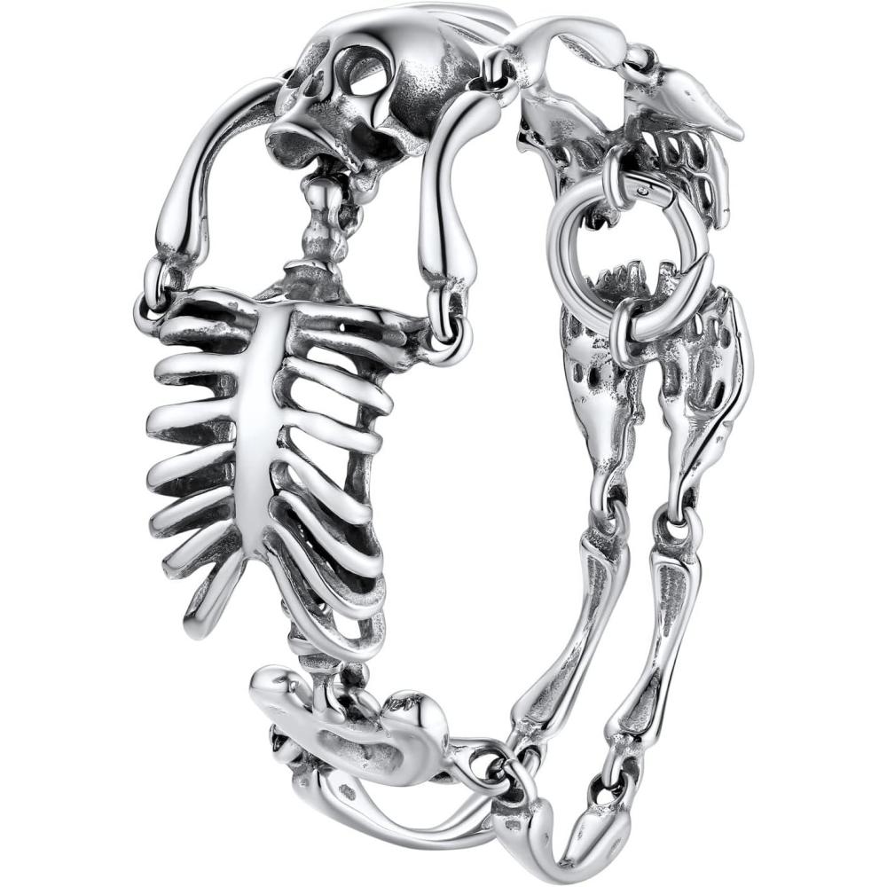imageU7 Gothic Skull Bracelets for Men Women Stainless Steel18K Gold PlatedSilver Black Punk Skeleton Head Chain Bracelet Party Accessories for Rapper Biker01 SkeletonStainlessLarge