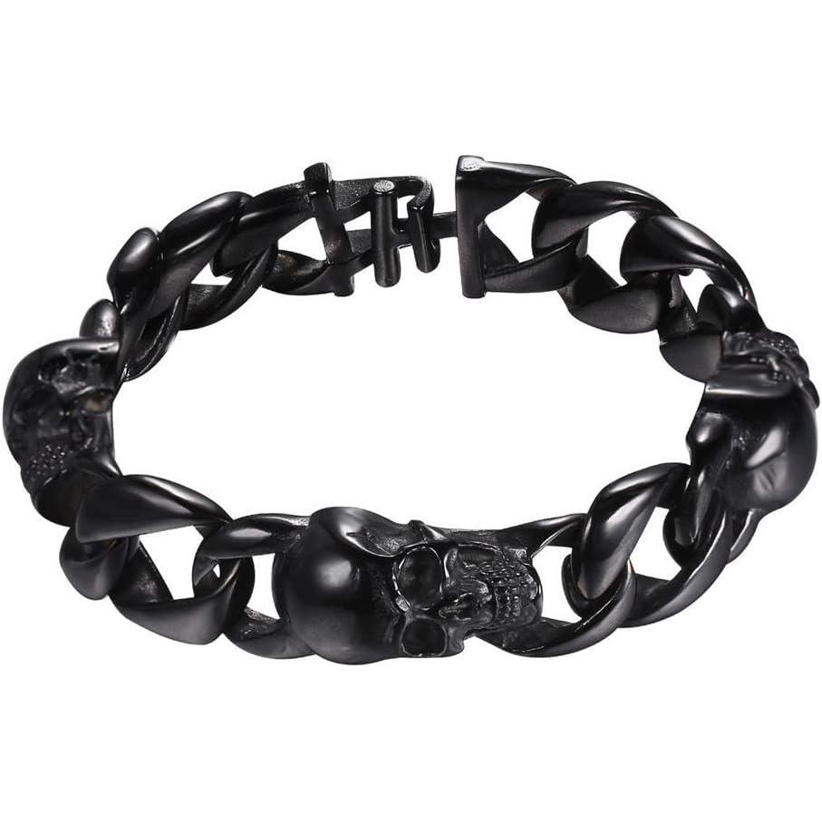 imageU7 Gothic Skull Bracelets for Men Women Stainless Steel18K Gold PlatedSilver Black Punk Skeleton Head Chain Bracelet Party Accessories for Rapper Biker02 SkullBlackMedium