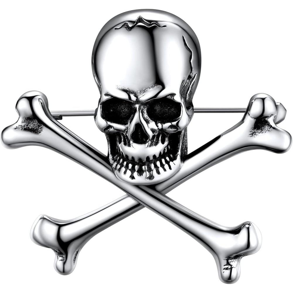 imageU7 Gothic Skull Brooches Pin for Halloween Men Women Stainless Steel Silver Black Viking RuneWolf HeadDeerSpider Animal Gothic Brooch Scarf Dress Lapel PinsCriss Bone Skull