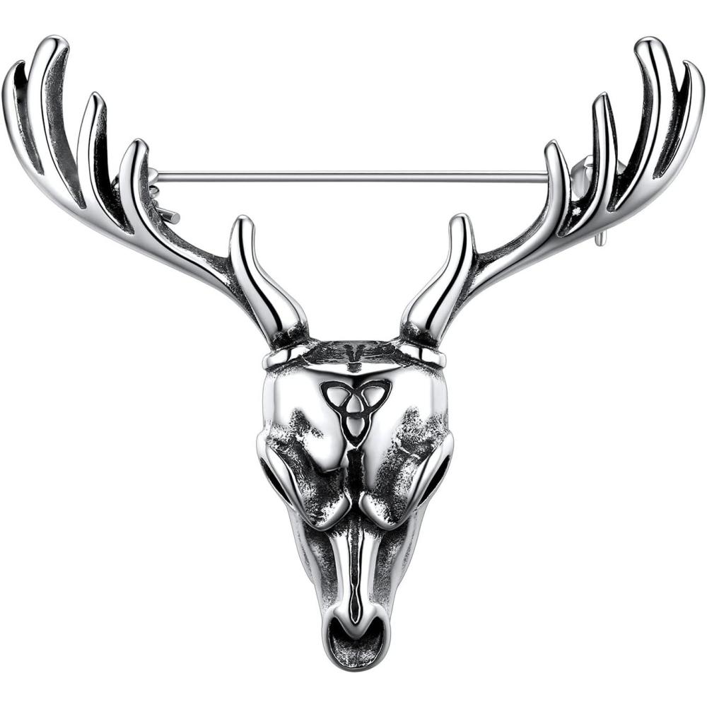 imageU7 Gothic Skull Brooches Pin for Halloween Men Women Stainless Steel Silver Black Viking RuneWolf HeadDeerSpider Animal Gothic Brooch Scarf Dress Lapel PinsAntler Deer