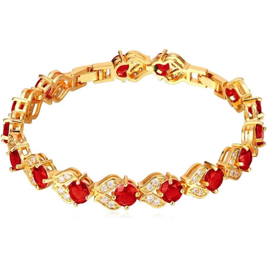 imageU7 Green EmeraldBlueRedColorful Tennis Bracelets 18K Gold Plated Platinum Link Chain Diamond Cut Simulated Gem Crystal BraceletResizable Length 68 InchesWedding Mothers Day Gift for WomenGold Red
