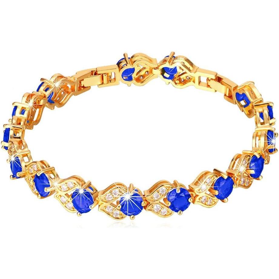 imageU7 Green EmeraldBlueRedColorful Tennis Bracelets 18K Gold Plated Platinum Link Chain Diamond Cut Simulated Gem Crystal BraceletResizable Length 68 InchesWedding Mothers Day Gift for WomenGold Blue