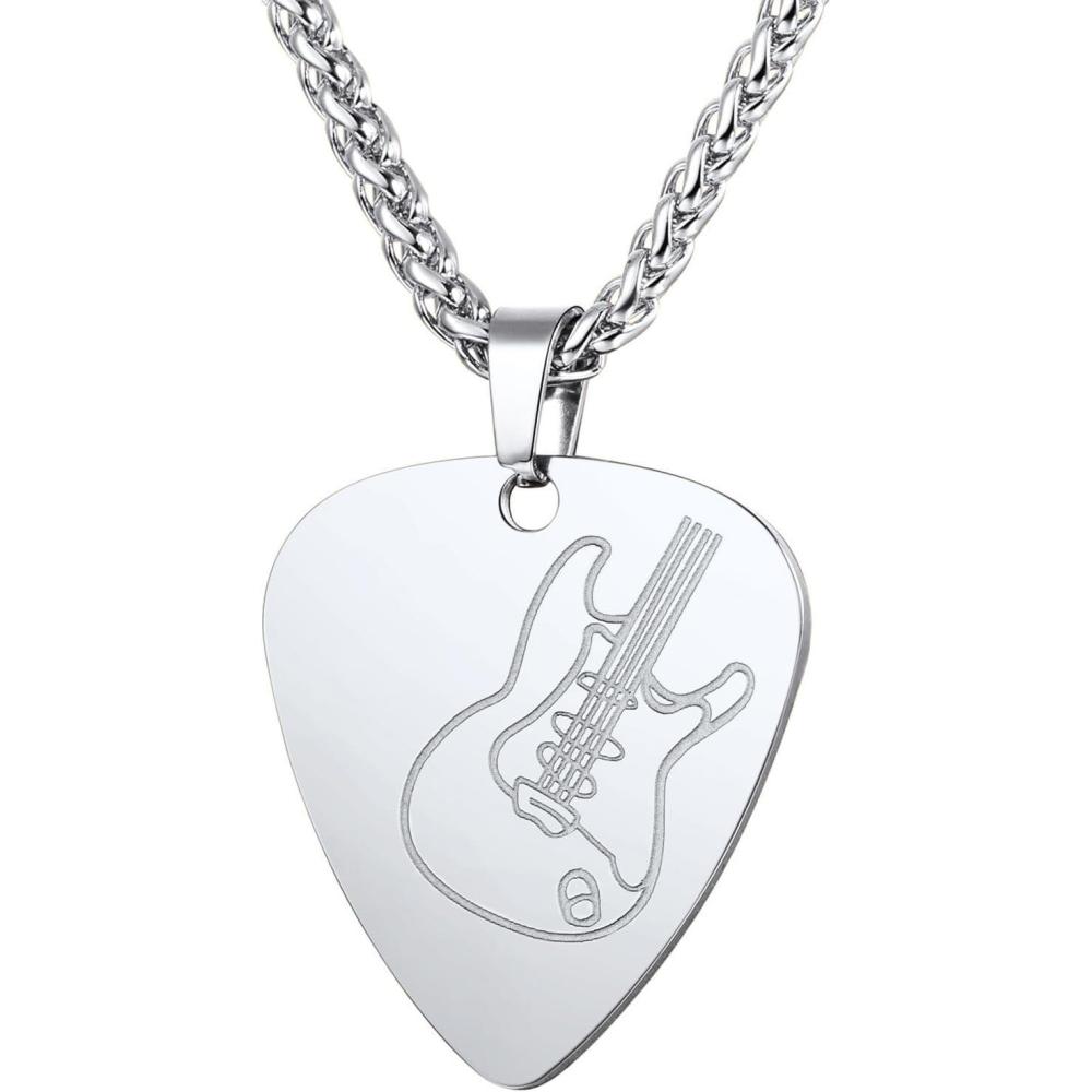 imageU7 Hip Hop Punk Music Necklace Guitar PickGuitarMicrophoneHeadphone Pendant with Chain for Men ampamp Women Stainless Steel RampampB Music Jewelry SilverGoldBlack CustomizableSilver