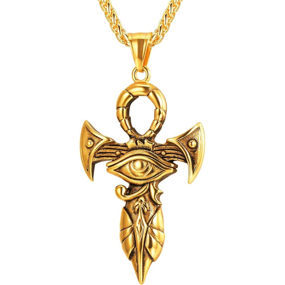 imageU7 Horus Necklaces for Men Women Stainless SteelBlackGold Plated Ankh Cross Egyptian Symbol Jewelry Eye of Horrus Pendant with 22 Inch Chain02Goldankh horus