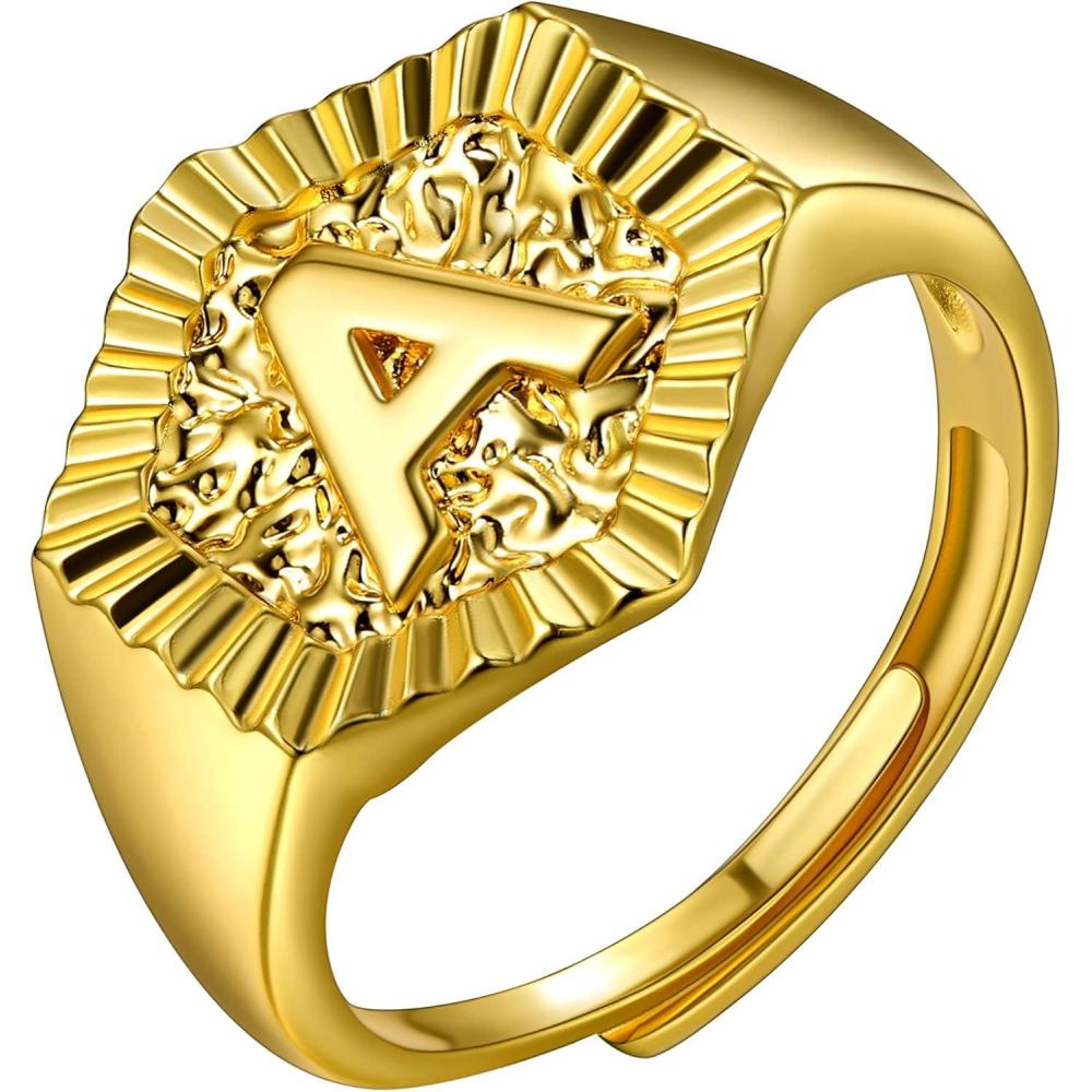 imageU7 Initial Ring Wedding Band for Men Women 18K Gold Plated Statement Hexagon AZ Letter Jewelry Personalized Stackable Signet RingsA