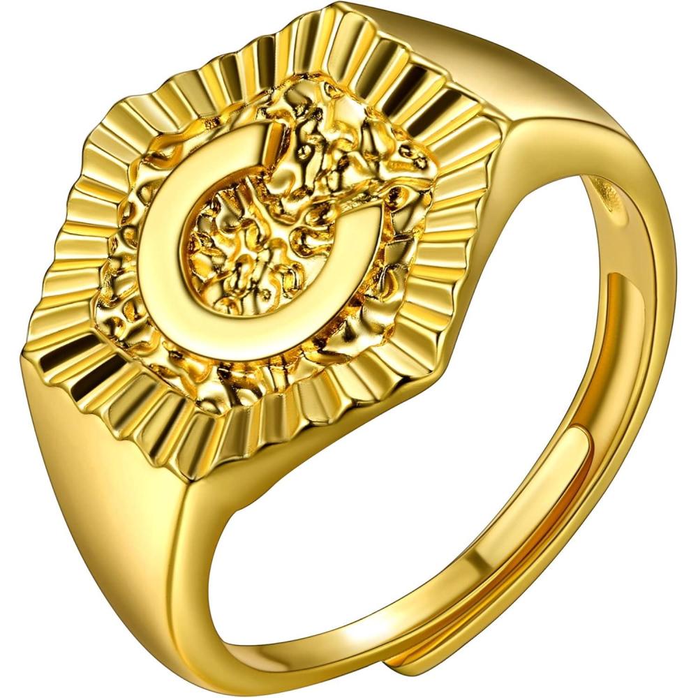 imageU7 Initial Ring Wedding Band for Men Women 18K Gold Plated Statement Hexagon AZ Letter Jewelry Personalized Stackable Signet RingsC